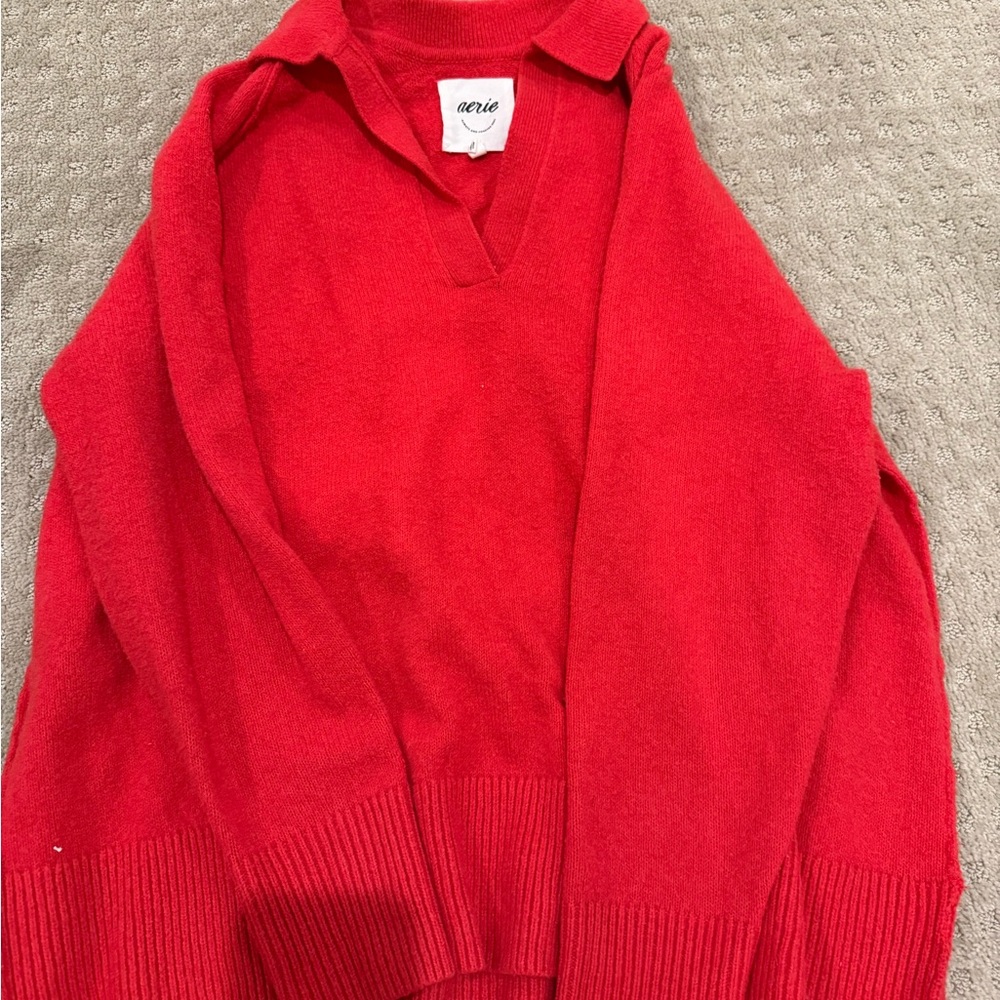 aerie Vibrant Red Collared V-Neck Sweater